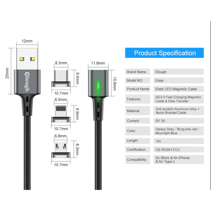 Магнітний кабель Elough для iPhone Lightning 1м