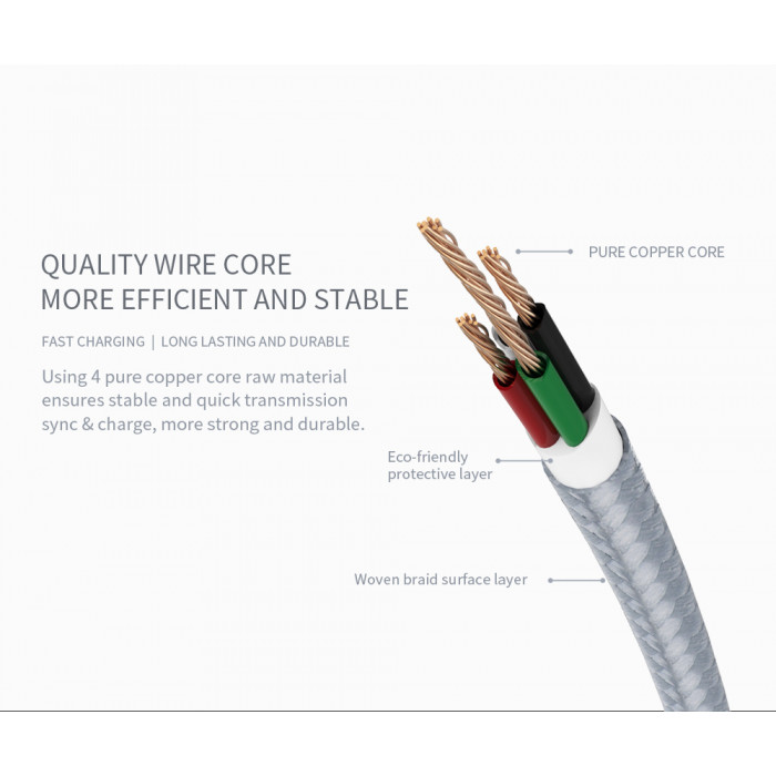 Micro USB кабель Wsken у нейлоновому обплетенні 1m Grey/Black/Rose