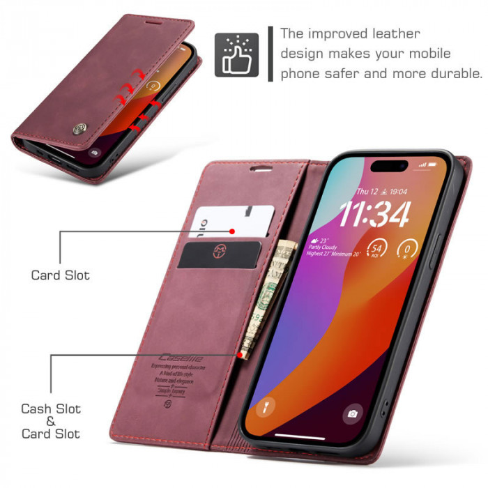 Чехол-книжка CaseMe из нубука для iPhone 13 Pro Max Бордовый