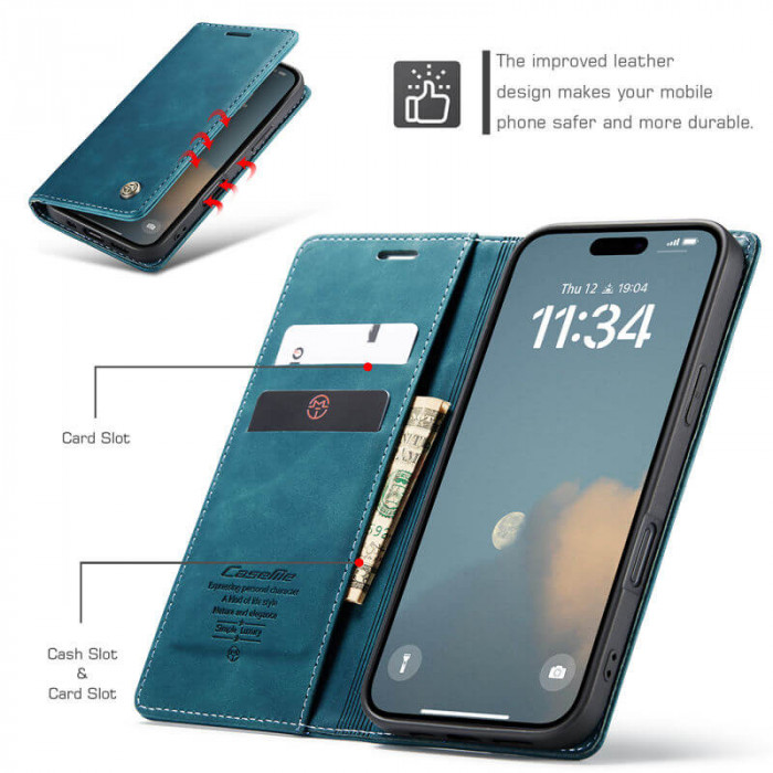 Чехол-книжка CaseMe из нубука для iPhone 16 Бирюзовый