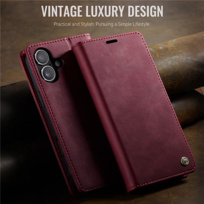 Чехол-книжка CaseMe RFID из нубука для iPhone 16 Plus Бордовый
