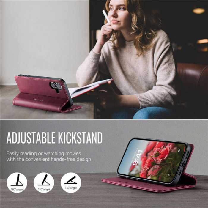 Чехол-книжка CaseMe RFID из нубука для iPhone 16 Plus Бордовый