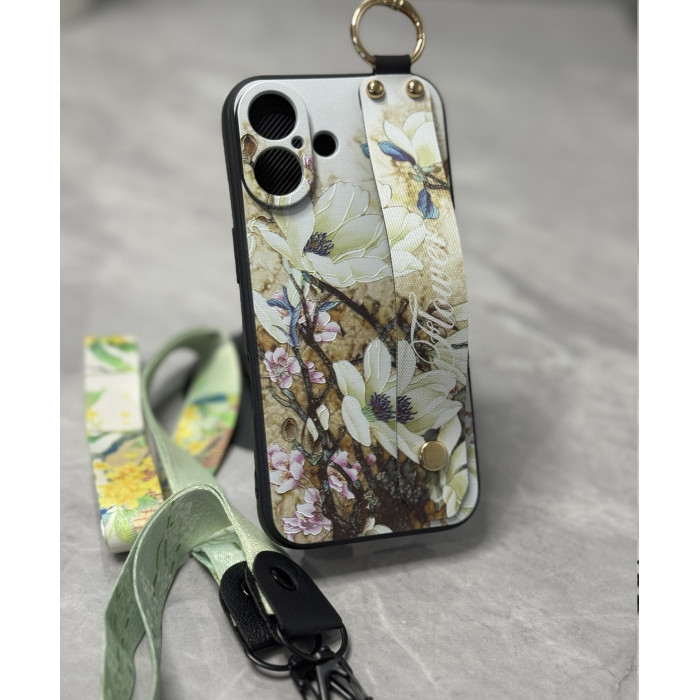 Силіконовий чохол для iPhone 16 з ремінцем-підставкою та на шию Квіти на бежевому