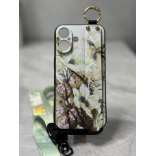 Силіконовий чохол для iPhone 16 з ремінцем-підставкою та на шию Квіти на бежевому