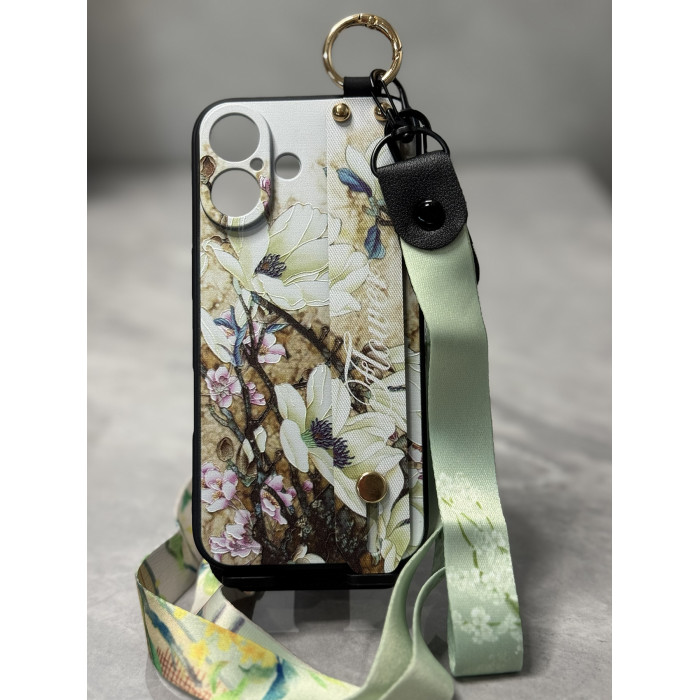 Силіконовий чохол для iPhone 16 з ремінцем-підставкою та на шию Квіти на бежевому