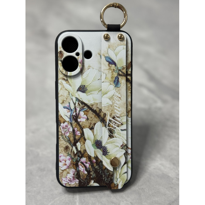 Силіконовий чохол для iPhone 16 з ремінцем-підставкою та на шию Квіти на бежевому