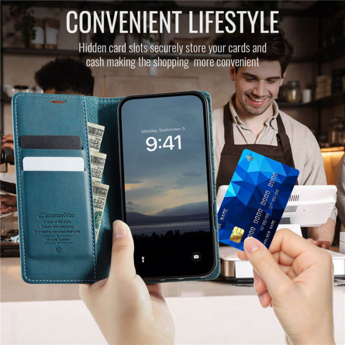 Чехол-книжка CaseMe RFID из нубука для iPhone 13 Pro Бирюзовый