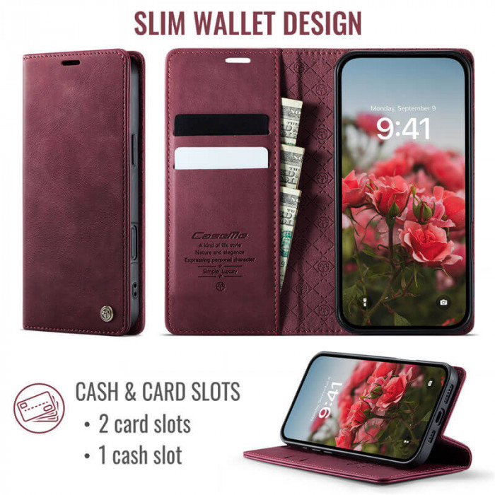 Чехол-книжка CaseMe RFID из нубука для iPhone 13 Pro Бордовый