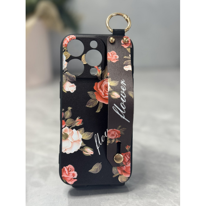 Силиконовый чехол для iPhone 16 Pro Max с ремешком-подставкой Розы