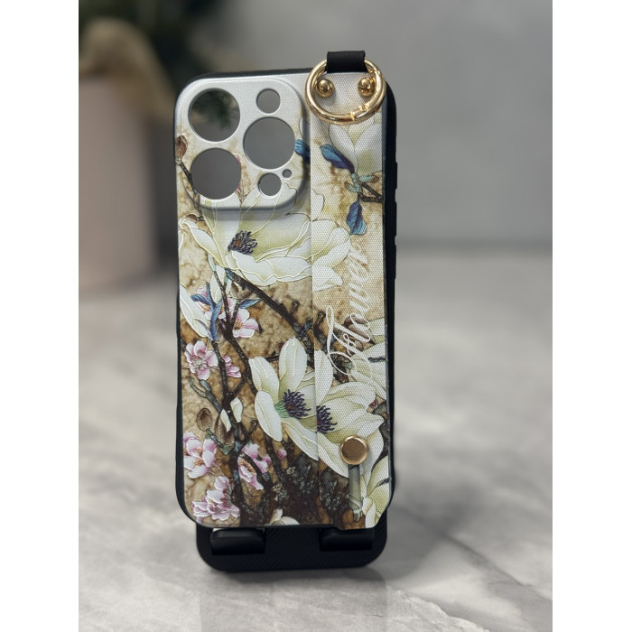 Силиконовый чехол для iPhone 16 Pro Max с ремешком-подставкой и на шею Цветы на бежевом