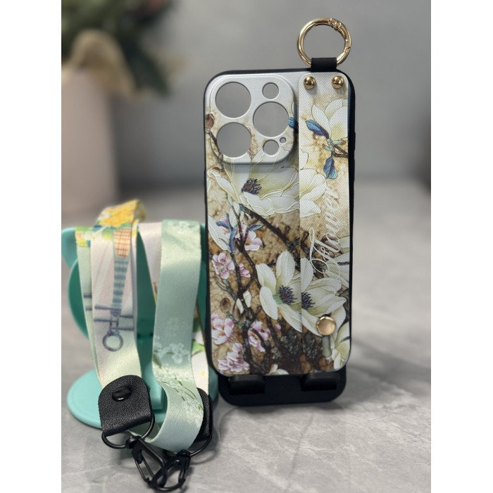 Силиконовый чехол для iPhone 16 Pro Max с ремешком-подставкой и на шею Цветы на бежевом