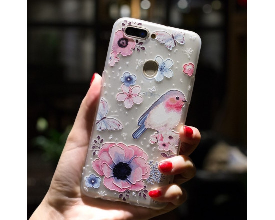 Рельєфний силіконовий чохол для Xiaomi Mi 8 Lite з картинкою Квіти та птах