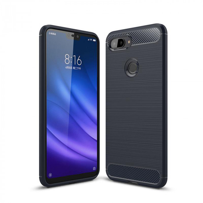 Силиконовый чехол с карбоновой вставкой для Xiaomi Mi 8 Lite Синий