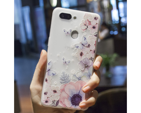 Рельєфний силіконовий чохол для Xiaomi Mi 8 Lite з картинкою Квіти та метелики
