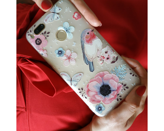 Рельефный силиконовый чехол для Xiaomi Mi A1 с картинкой Цветы и птица