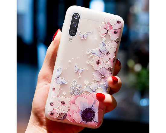 Рельефный силиконовый чехол для Samsung A70 с картинкой Цветы и бабочки