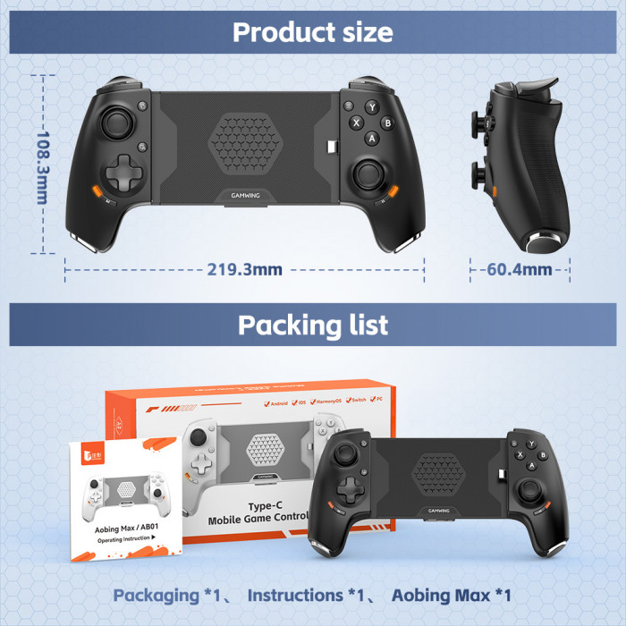 Геймпад Gamwing Aobing Max AB01 — мобильный игровой контроллер с Hall-стиками и триггерами Чёрный