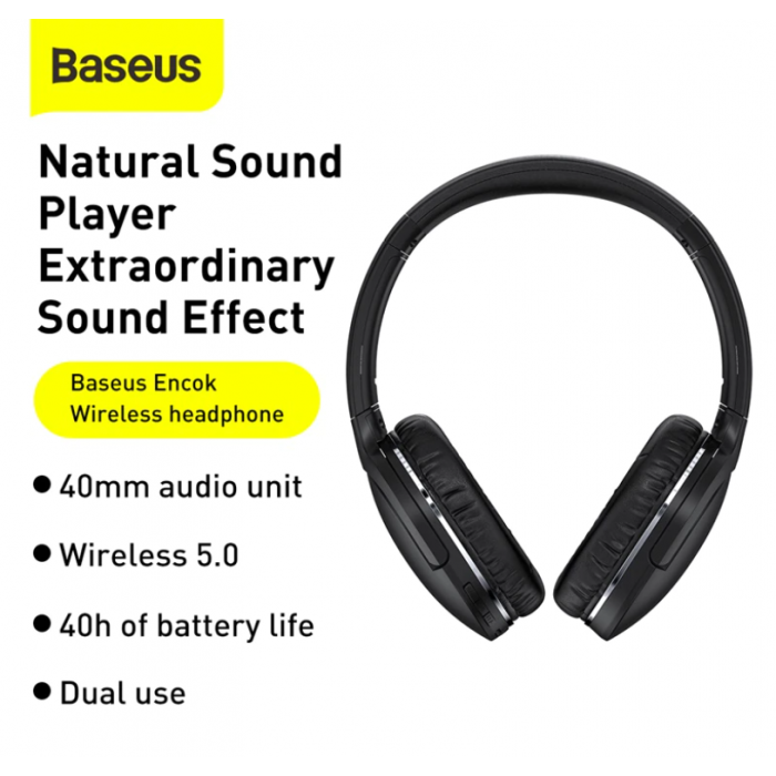 Бездротові накладні Bluetooth навушники BASEUS Encok Wireless headphone D02 Pro BT5.3, AUX Black (NGTD010201)