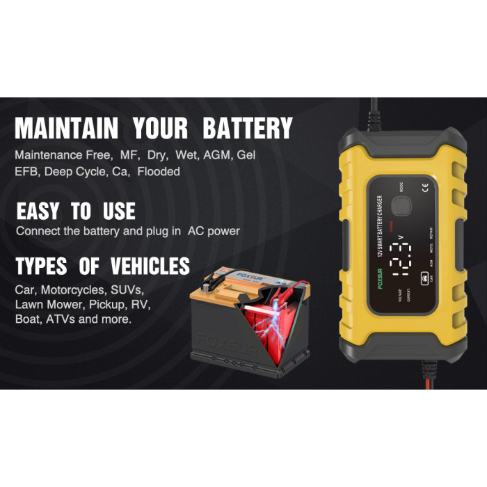 Автоматическое импульсное зарядное устройство для автомобильного аккумулятора Foxsur 12V 6A Желтый FBC1206D