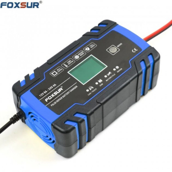 Автоматичний імпульсний зарядний пристрій для автомобільного акумулятора Foxsur 12V-24V 8A Синій FBC122408D