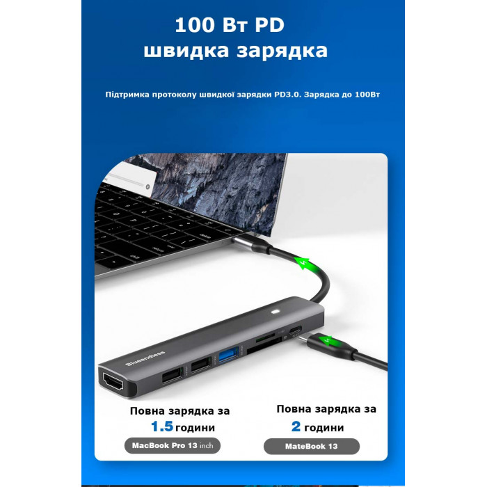 USB-хаб Blueendless BS-HC703 7-в-1 Type-C to USB 3.0 + 2 х USB 2.0 + SD/TF Card Reader + HD 4K 30 Гц + 100 Вт PD