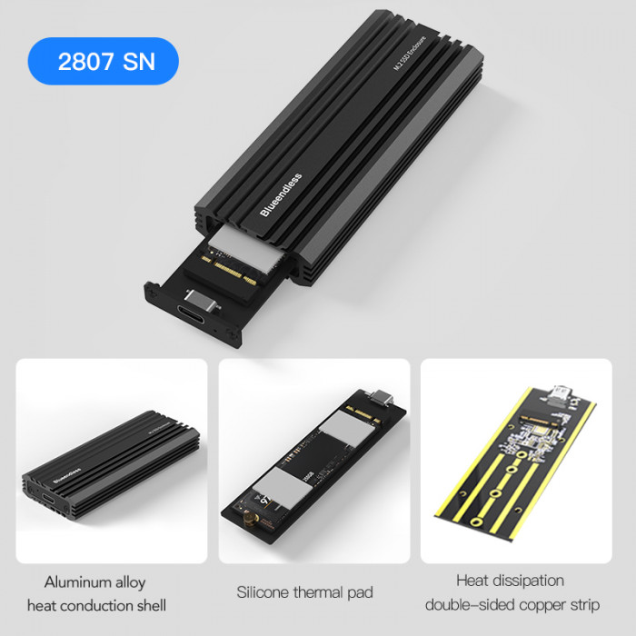 Зовнішня портативна кишеня Blueendless 2807SN для M.2 SSD NVMe (PCIe) / NGFF (Sata) Type-C USB 3.1 Gen 2