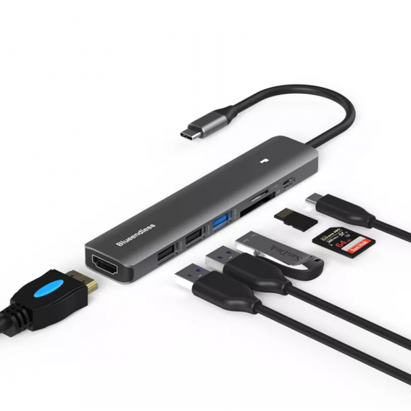 USB-хаб Blueendless BS-HC703 7-в-1 Type-C to USB 3.0 + 2 х USB 2.0 + SD/TF Card Reader + HD 4K 30 Гц + 100 Вт PD