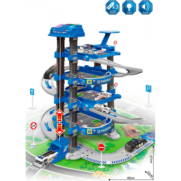 Гараж и паркинг для машинок 660-A328 “Полиция”, 5 этажей, 2 машинки, вертолет, автоматический подъемник, свет, звук, аксессуары