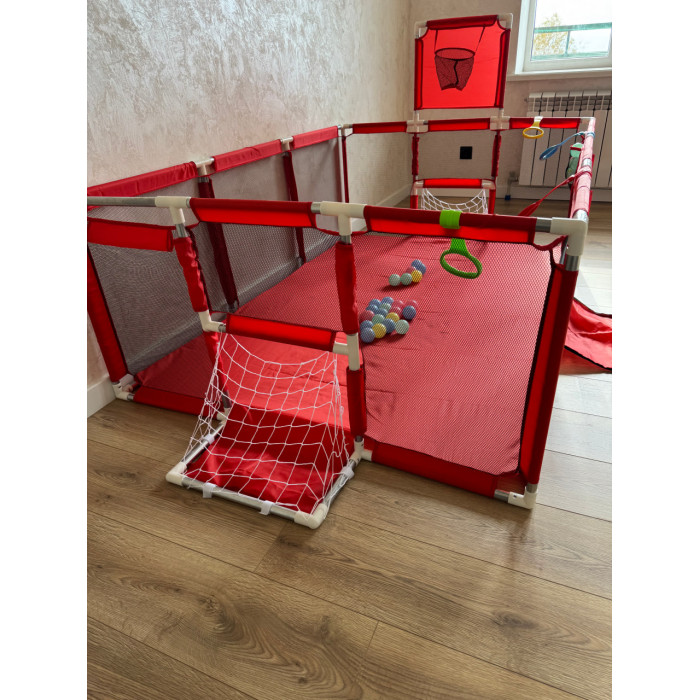 Детский игровой манеж 120×180 см Красный с баскетбольным кольцом, воротами, шариками и ручками — безопасное пространство для малыша