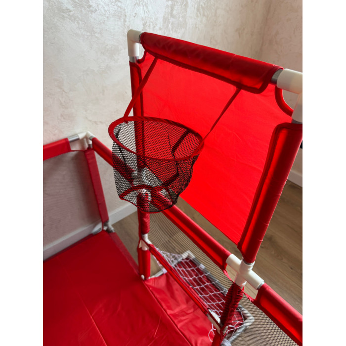 Детский игровой манеж 120×180 см Красный с баскетбольным кольцом, воротами, шариками и ручками — безопасное пространство для малыша