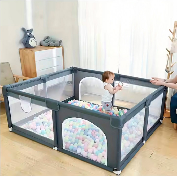 Дитячий ігровий манеж з посиленими опорами, присосками, кульками (30шт) та ручками 150*180 см Темно-сірий