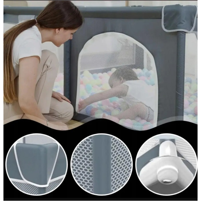 Дитячий ігровий манеж з посиленими опорами, присосками, кульками (30шт) та ручками 150*180 см Темно-сірий