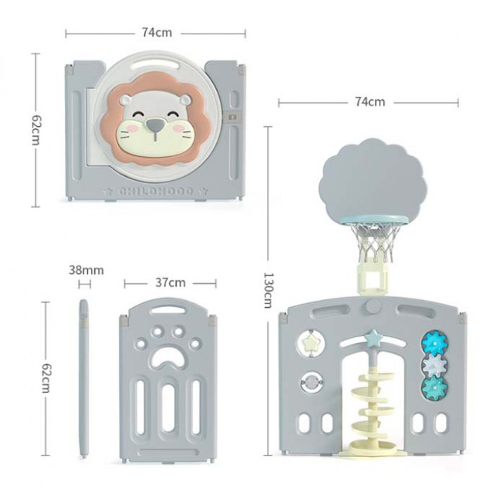 Ігровий манеж-огорожа Лев 14+2 секцій 150см*180см + баскетбольна кільце Біло-сірий