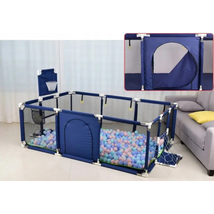 Дитячий ігровий манеж 120×180 см з баскетбольним кільцем, воротами, кульками (30шт) та ручками Синій