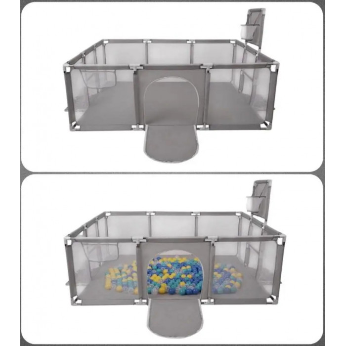 Дитячий ігровий манеж 120×180 см з баскетбольним кільцем, воротами, кульками (30шт) та ручками Сірий