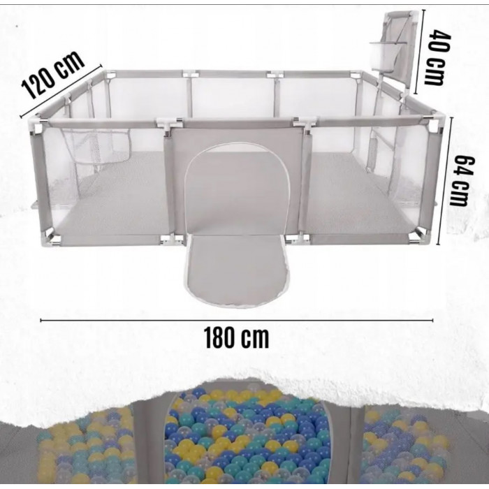 Дитячий ігровий манеж 120×180 см з баскетбольним кільцем, воротами, кульками (30шт) та ручками Сірий