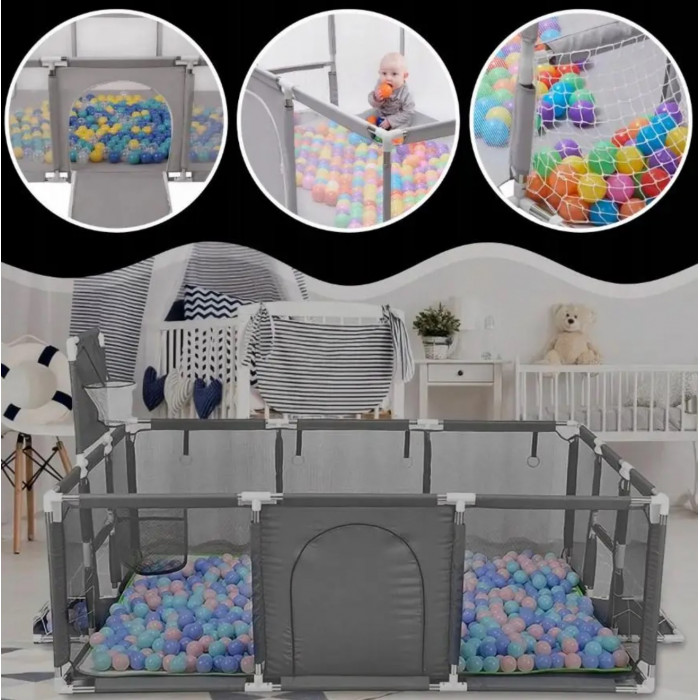 Дитячий ігровий манеж 120×180 см з баскетбольним кільцем, воротами, кульками (30шт) та ручками Сірий