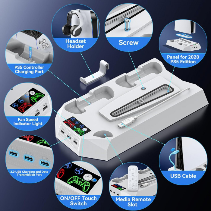 Мультифункциональная док-станция, подставка-охладитель YH-55 для PS5/Slim/Pro с зарядкой для 2 геймпадов