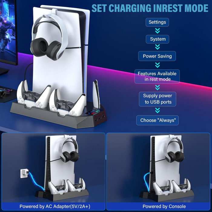 Мультифункциональная док-станция, подставка-охладитель YH-55 для PS5/Slim/Pro с зарядкой для 2 геймпадов