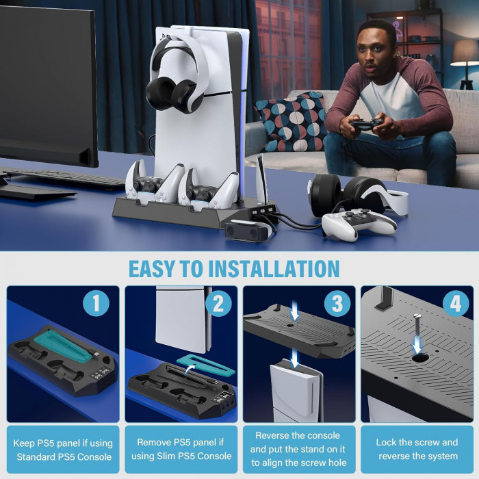 Мультифункциональная док-станция, подставка-охладитель YH-55 для PS5/Slim/Pro с зарядкой для 2 геймпадов