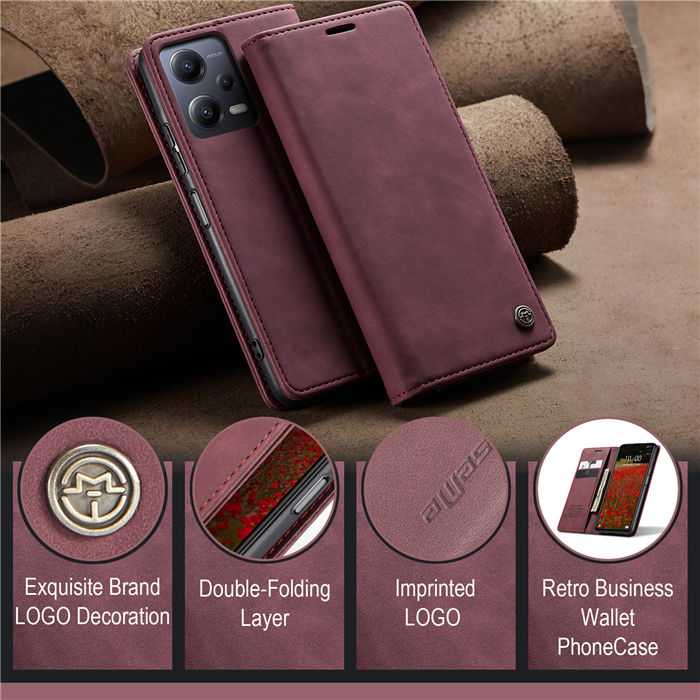 Чехол-книжка CaseMe из нубука для Xiaomi Redmi Note 12 5G Бордовый