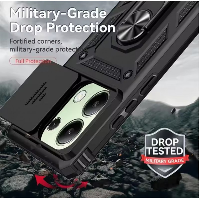 Ультратонкий противоударный чехол Camshield для Xiaomi Redmi Note 13 Pro 4G с кольцом-держателем Черный