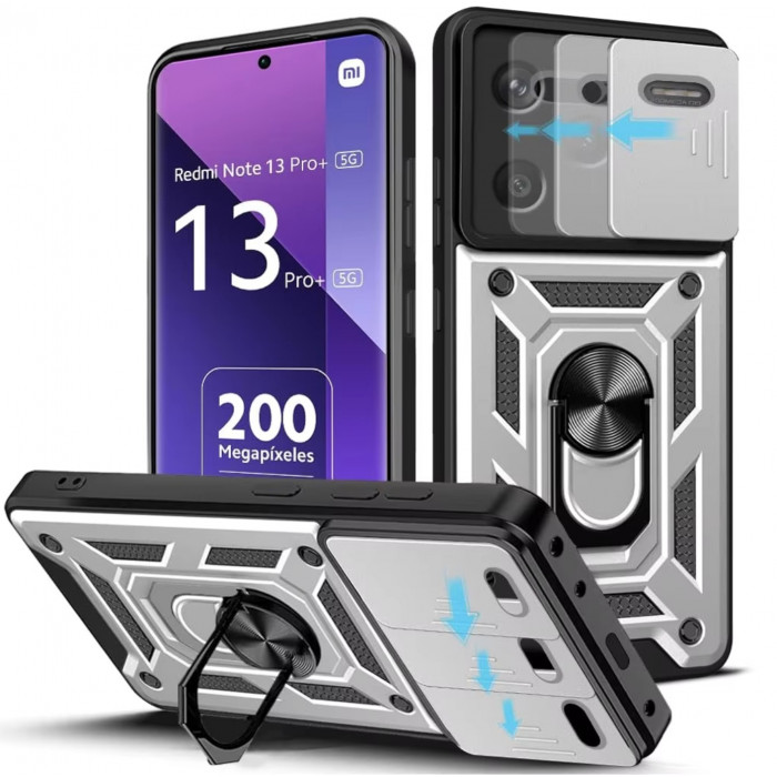 Ультратонкий протиударний чохол Camshield для Xiaomi Redmi Note 13 Pro+ 5G з кільцем-тримачем Сріблястий