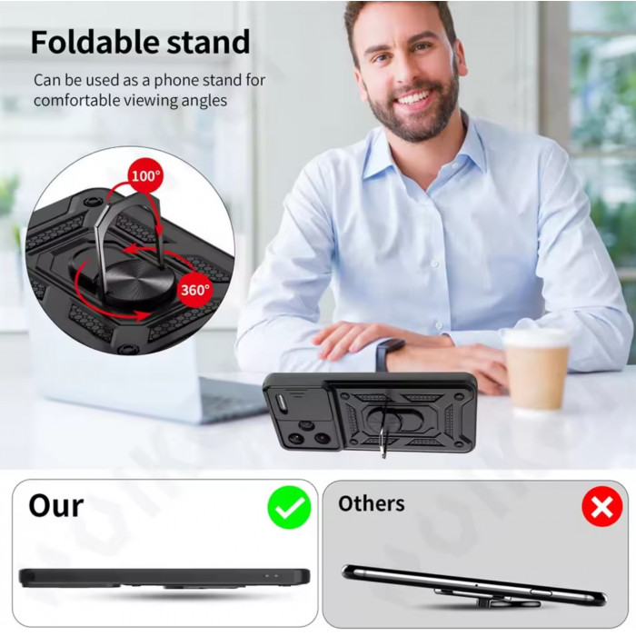 Ультратонкий противоударный чехол Camshield для Xiaomi Redmi 14C с кольцом-держателем Серебристый