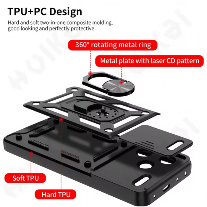 Ультратонкий протиударний чохол Camshield з кільцем для Xiaomi Redmi Note 13 Pro+ 5G з кільцем-тримачем Чорний