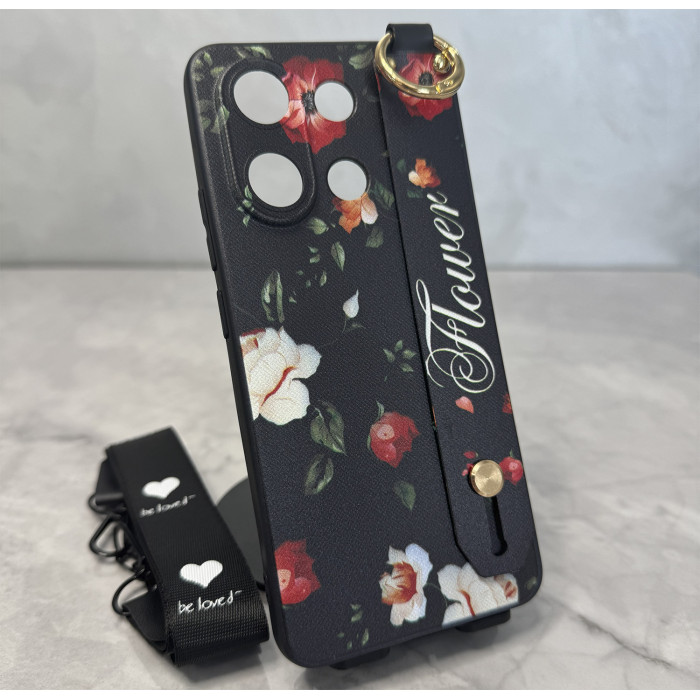 Силиконовый чехол для Xiaomi Poco X6 5G с ремешком-подставкой и на шею Вечерние розы