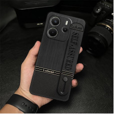 Силіконовий чохол для Xiaomi Redmi Note 14 4G з ремінцем-підставкою Чорна шкіра з деревною текстурою