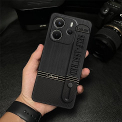 Силиконовый чехол для Xiaomi Redmi Note 14 4G с ремешком-подставкой Чёрная кожа с древесной текстурой