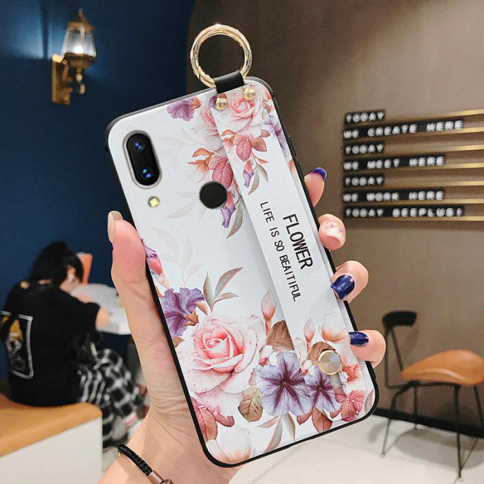 Силиконовый чехол для Xiaomi Redmi Note 7 с ремешком-подставкой - Роза на белом 