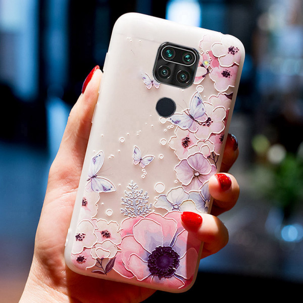 Рельефный силиконовый чехол для Xiaomi Redmi Note 9 с картинкой Цветы и бабочки